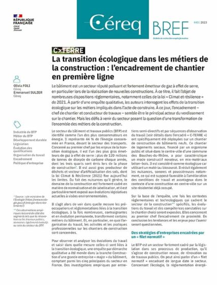 La transition écologique dans les métiers de la construction 2 Cereq Bref 448 construction