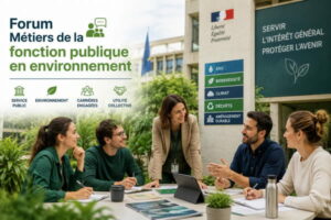 Professionnels échangeant sur les métiers de la fonction publique en environnement