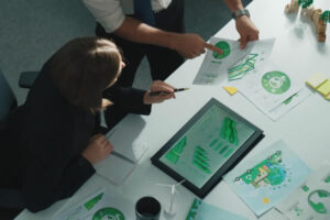 Professionnels analysant des indicateurs RSE et ESG en entreprise