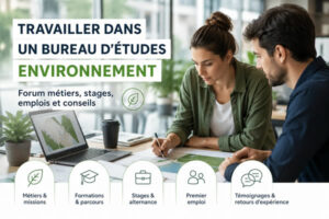 Jeunes professionnels travaillant sur des projets environnementaux dans un bureau d’études