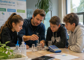 Animateur scientifique réalisant une expérience sur l’environnement avec des adolescents