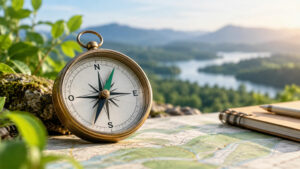 Boussole sur une carte, symbole des choix d'orientation dans l'environnement