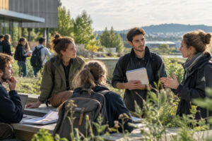 Groupe d'étudiants échangeant sur leurs études et parcours professionnels en environnement.